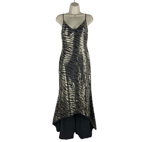 Black Halo Armelle Sequin High Lo Evening Gown Dress Golden Tiger - Picture 3 of 13